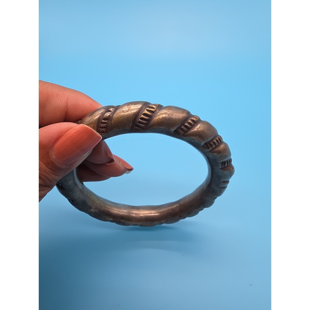 Silver Toned Antique Baby Rattle 3.5" Diameter Bangle - Picture 3 of 4